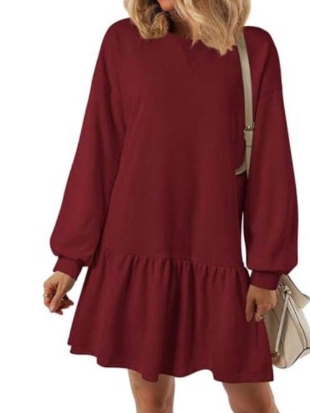 NWT Prettygarden Burgundy Ruffled Crewneck Sweatshirt Mini Dress Size Small